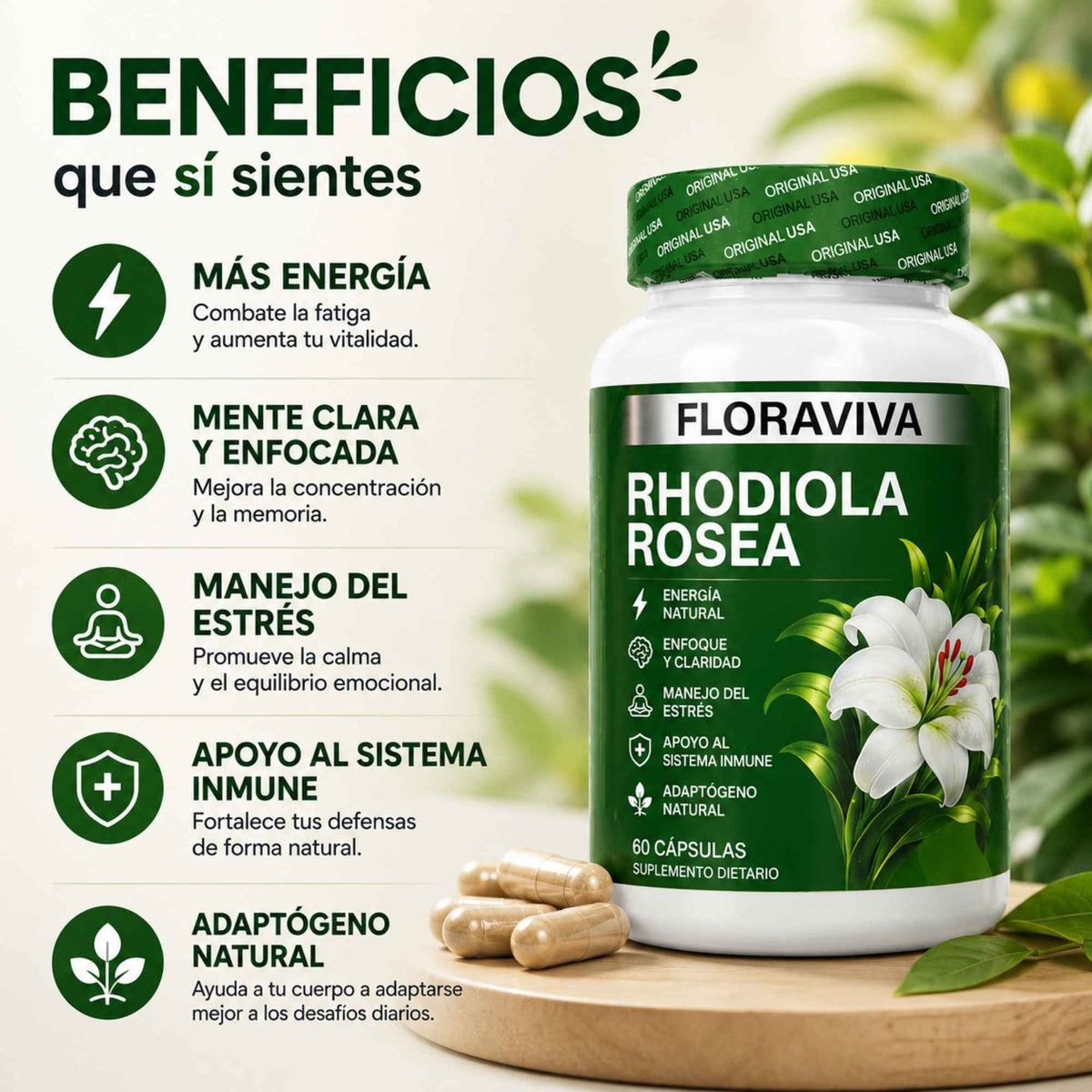 Floraviva Rhodiola Rosea 500 mg | Energía, Enfoque y Equilibrio Diario