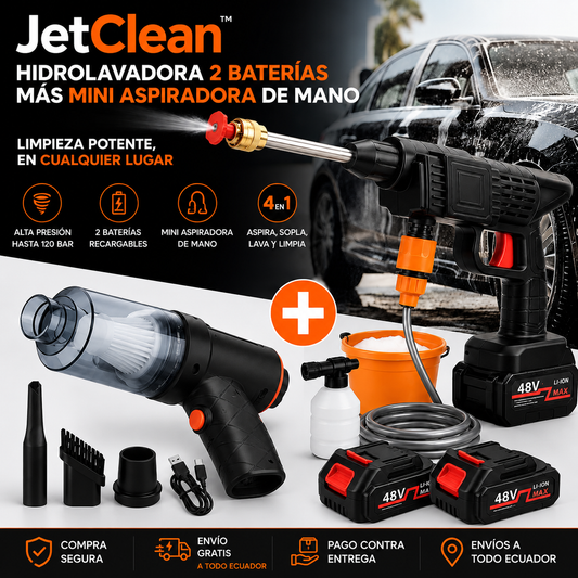Kit JetClean™: Hidrolavadora Inalámbrica de Alta Presión Doble Batería + (Gratis) Mini Aspiradora Portátil 4en1.